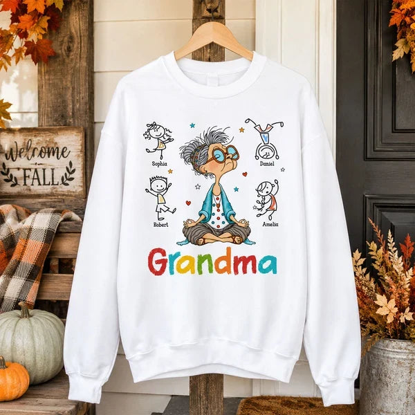 Personalized Grandma Classic Tee, Meditating Cartoon Grandkids Design, Unique Creative Gift for Grandma