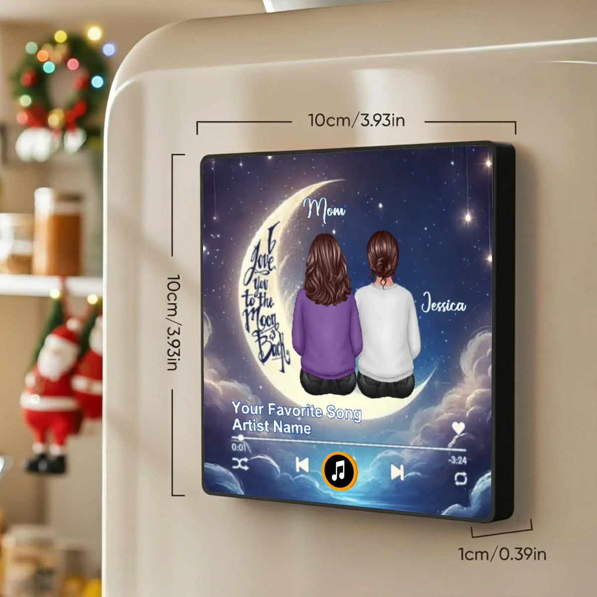 Personalized Acrylic Music Magnet Moon Mom and Daughter Sitting Under Stars Fridge Decor Unique Gift for Mom