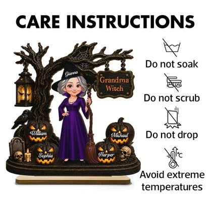 Personalized Wooden Plaque, Grandma Witch With Grandkids Jack-O'-Lanterns, Unique Halloween Gift for Grandma