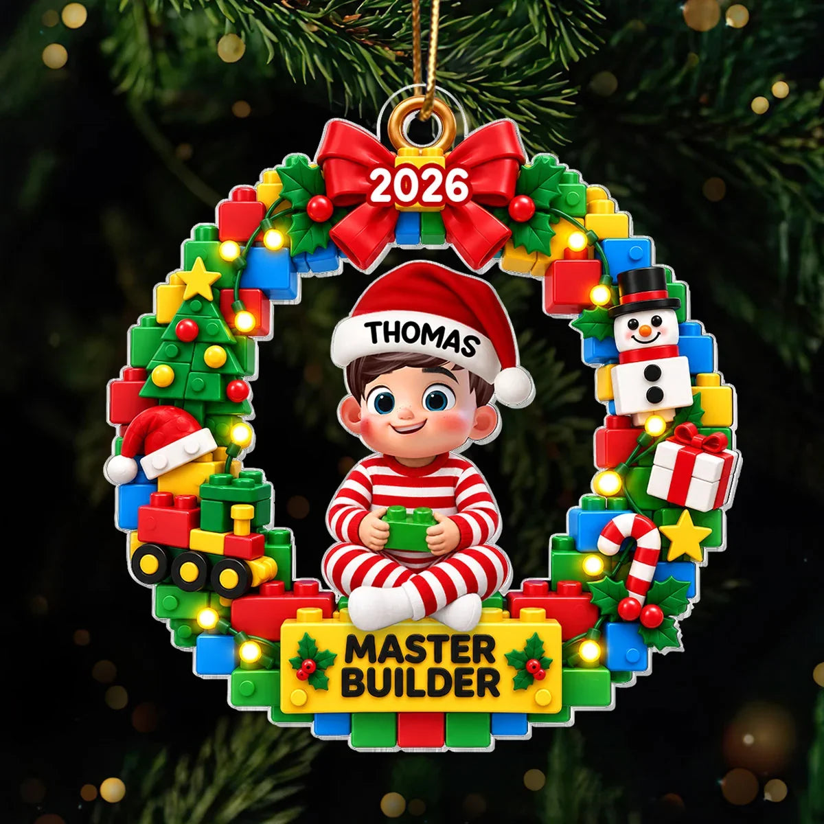 Personalized Acrylic Ornament, Cute Master Builder Child in Festive Wreath, Unique Gift for Kids