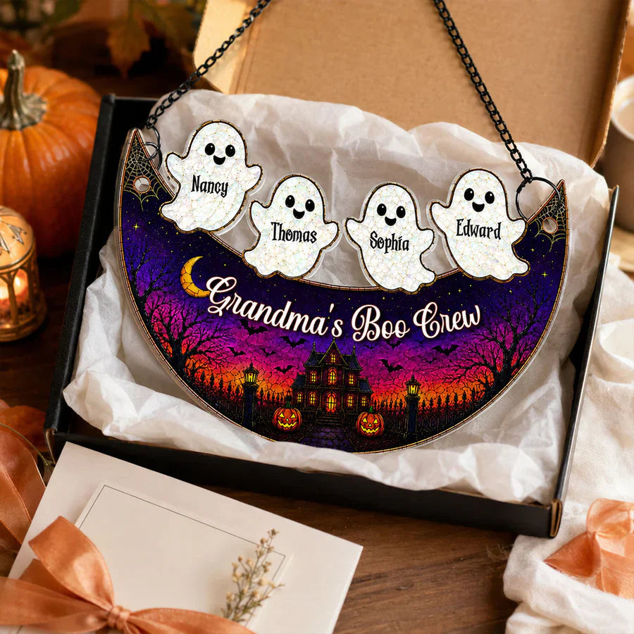 Personalized Acrylic Suncatcher Ornament for Grandma, Moon Boo Crew Halloween Window Decor, Unique Gift