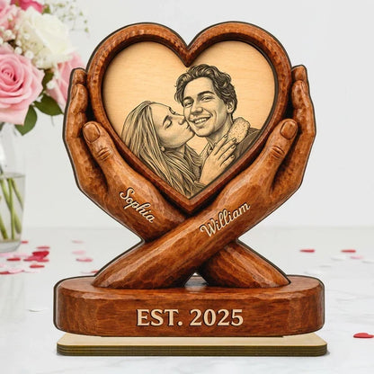 Personalized 2-Layer Wooden Plaque, Smiling Couple in a Heart, Unique Anniversary Gift