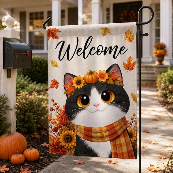 Personalized Garden Flag with Cute Cat in Scarf, Autumn Yard Decor and Unique Gift for Cat Lovers