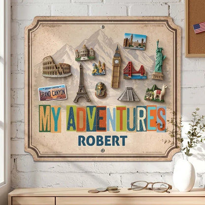 Personalized Shaped Metal Sign, My Adventures Vintage Mountain Landmark Magnet Display, Unique Gift for Travelers
