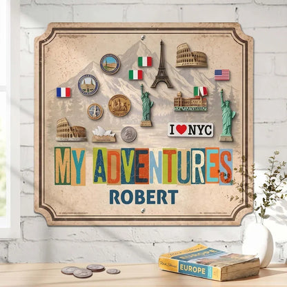 Personalized Shaped Metal Sign, My Adventures Vintage Mountain Landmark Magnet Display, Unique Gift for Travelers