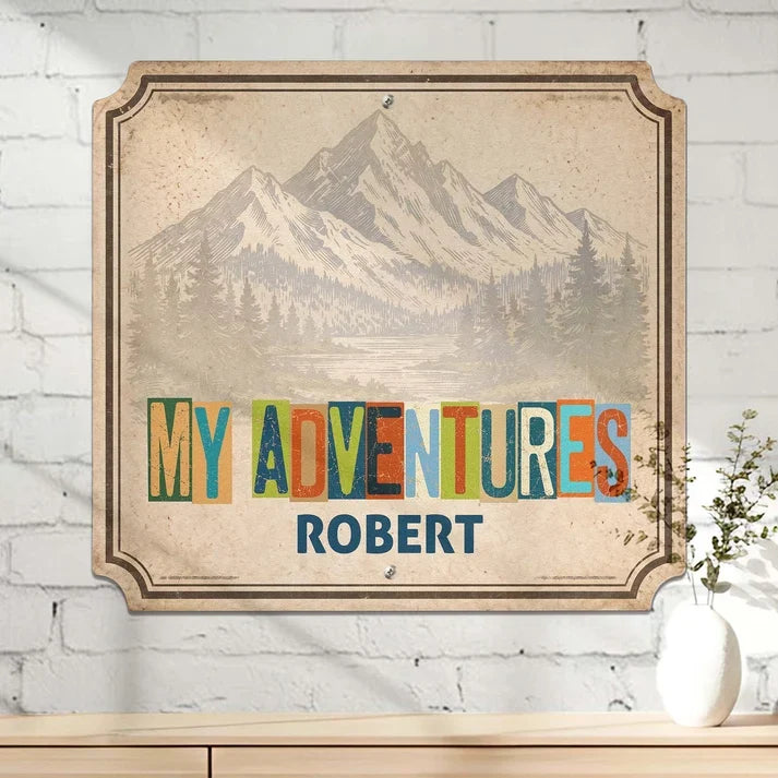 Personalized Shaped Metal Sign, My Adventures Vintage Mountain Landmark Magnet Display, Unique Gift for Travelers