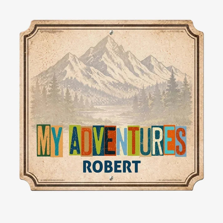 Personalized Shaped Metal Sign, My Adventures Vintage Mountain Landmark Magnet Display, Unique Gift for Travelers