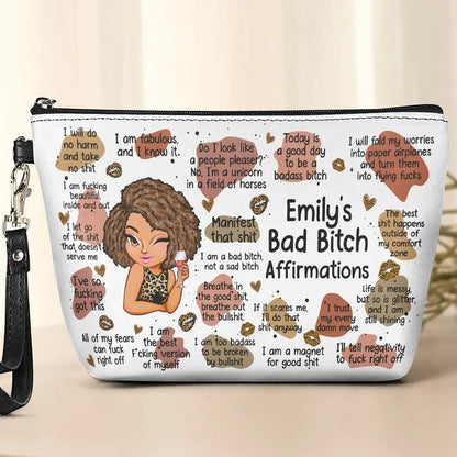 Personalized Women's Zipper Makeup Bag, Illustrated Woman with Bold Affirmations, Unique Gift for Friend