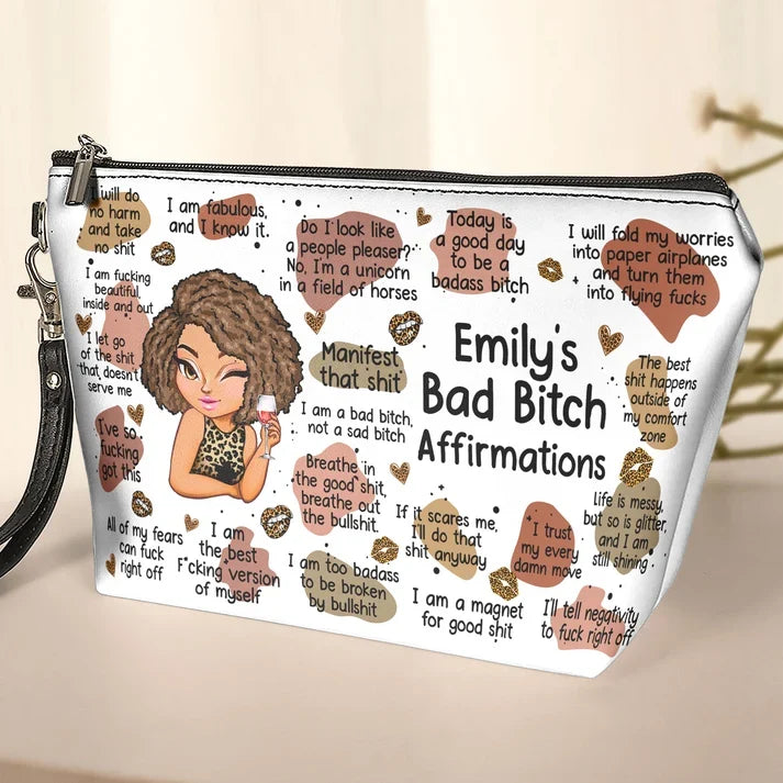 Personalized Women's Zipper Makeup Bag, Illustrated Woman with Bold Affirmations, Unique Gift for Friend