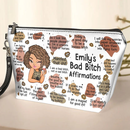 Personalized Women's Zipper Makeup Bag, Illustrated Woman with Bold Affirmations, Unique Gift for Friend