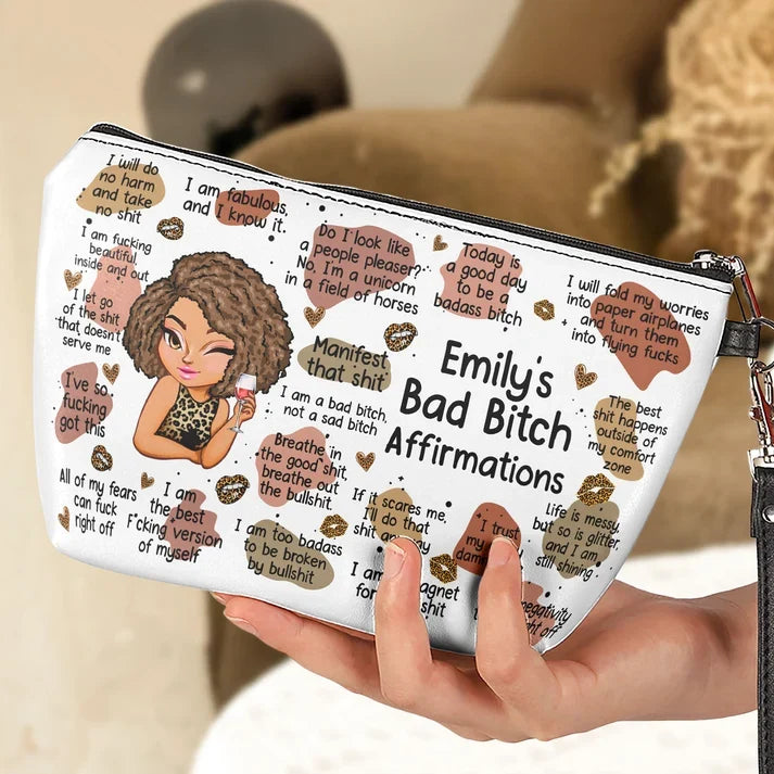 Personalized Women's Zipper Makeup Bag, Illustrated Woman with Bold Affirmations, Unique Gift for Friend