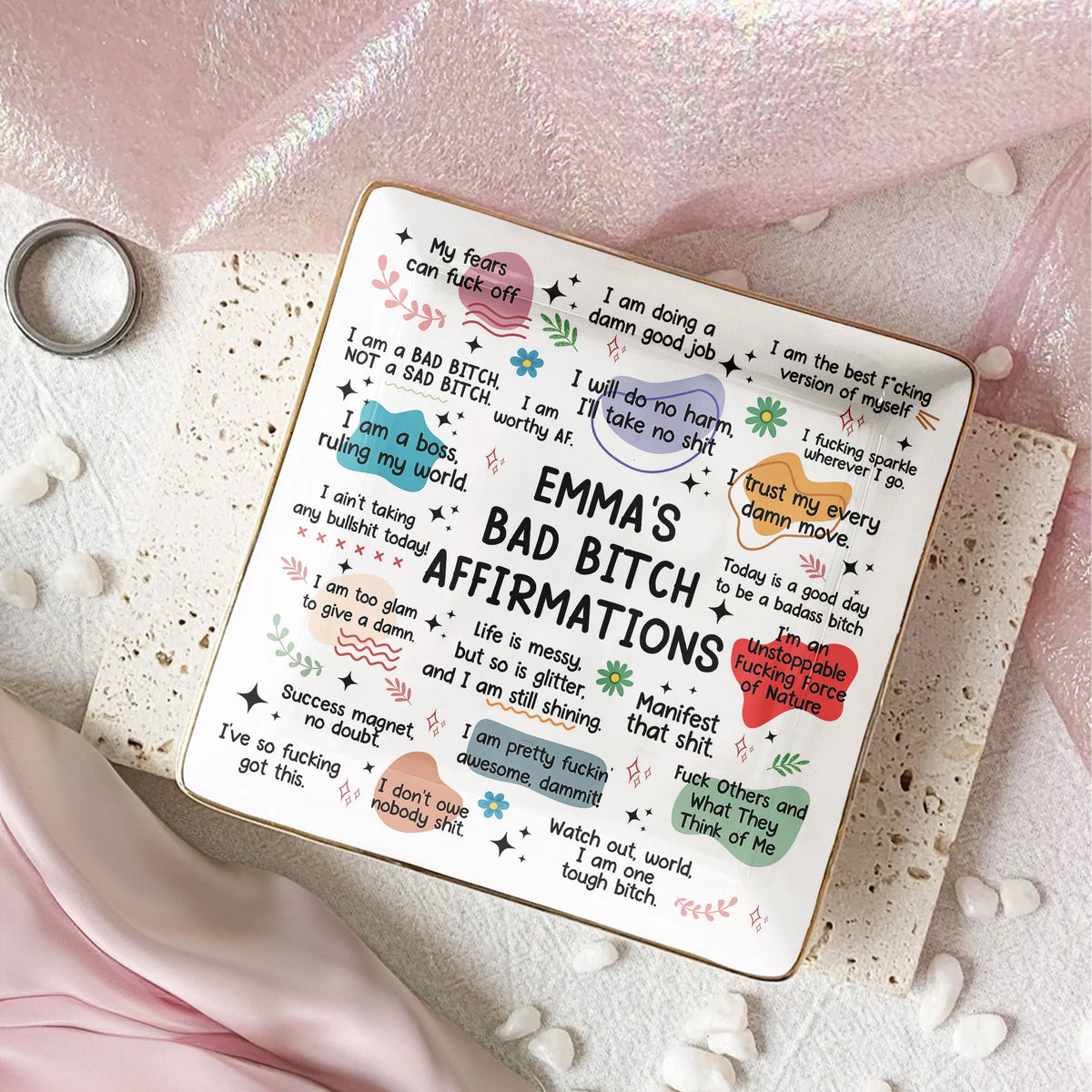 Jewelry Dish Featuring Bold Swear Affirmations Design, Refined Texture, Unique Keepsake Gift