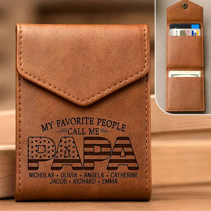 Leather Slim Wallet, Personalized Brown Card Holder With Family Quote, Unique Creative Gift For Family Gifting