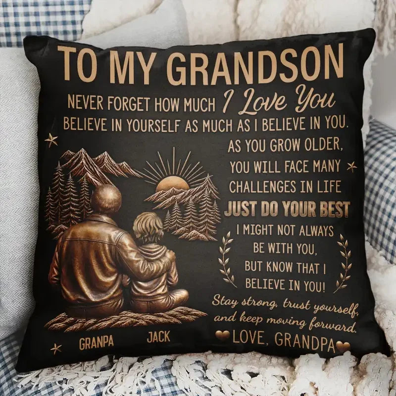Personalized Square Pillow, Dad and Son Sitting by the Mountains, Creative Gift for Son with a Loving Message