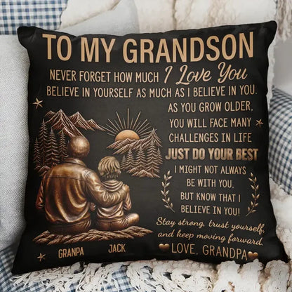 Personalized Square Pillow, Dad and Son Sitting by the Mountains, Creative Gift for Son with a Loving Message
