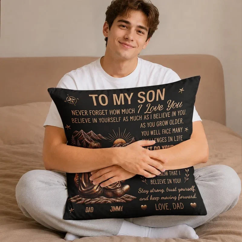 Personalized Square Pillow, Dad and Son Sitting by the Mountains, Creative Gift for Son with a Loving Message