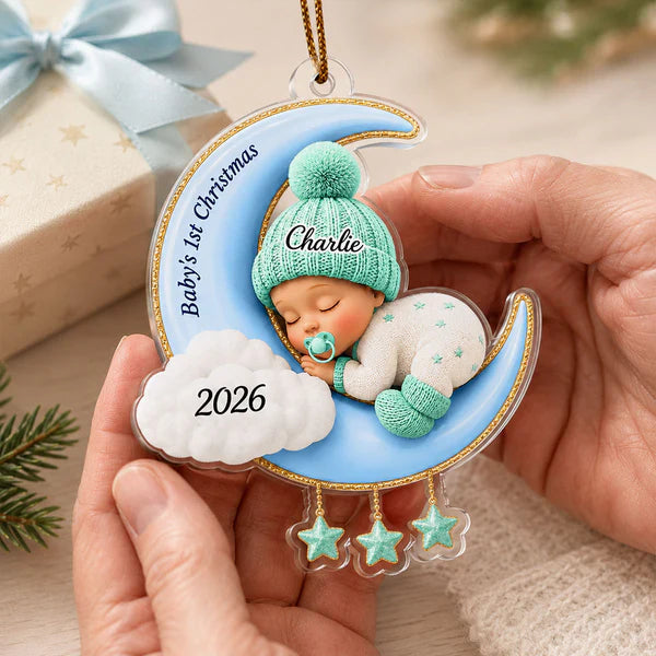 Acrylic Ornament With Sleeping Baby On Moon, Creative Christmas Gift For Baby & Family