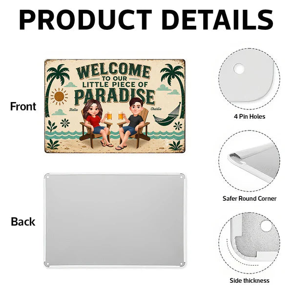 Personalized Rectangular Iron Sign, Seated Couple Pool Paradise Decor, Unique Gift for Couples