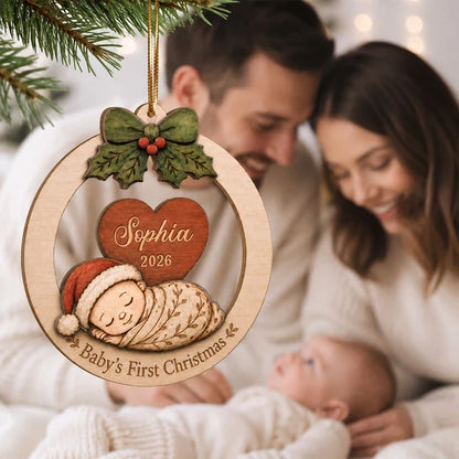 Personalized 2-Layer Wooden Ornament, Sleeping Baby's First Christmas Keepsake, Unique Gift for New Parents