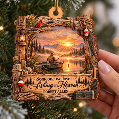 Personalized Wooden Ornament, Sunset Fishing Memorial Scene, Unique Sympathy Gift for Family