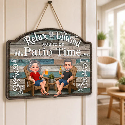Personalized Wooden Sign, Relax & Unwind Patio Time Couple Cartoon, Unique Gift for Patio Lovers