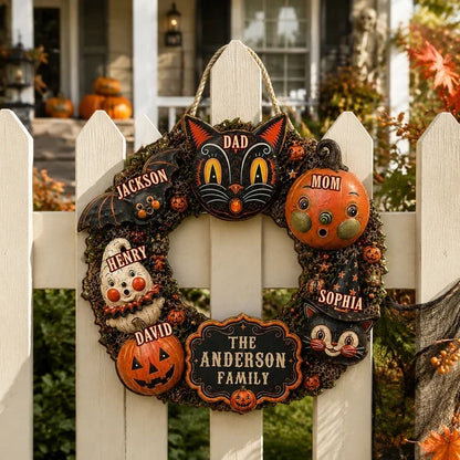 Personalized Wooden Sign, Custom Family Black Cat and Pumpkin Halloween Front Door Decor, Unique Gift for Families