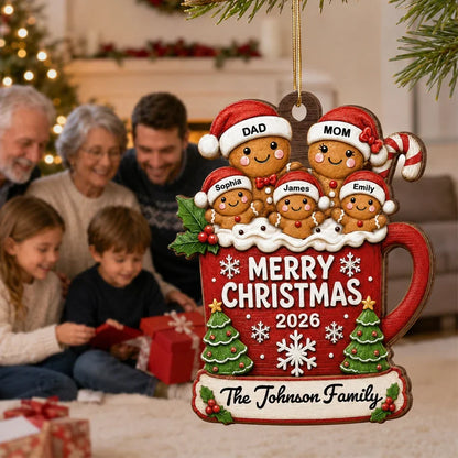 Personalized Wooden Ornament, Gingerbread Family in Hot Cocoa on a Christmas Tree, Unique Gift for Mom & Dad