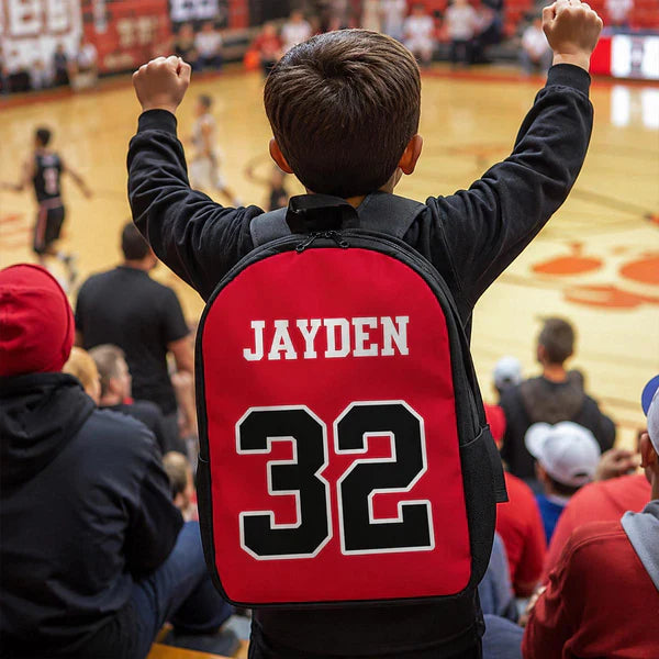 Personalized Kids School Backpack, Red Basketball Jersey Style, Unique Gift for Young Sports Fans