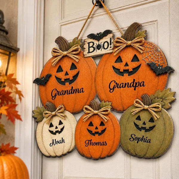 Personalized Wooden Sign with Grandma and Grandpa Pumpkins, Rustic Halloween Door Decor, Unique Gift for Grandparents