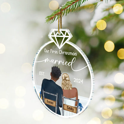 Our First Christmas Married Ornament – Personalized Acrylic Ornament with Romantic Couple Back Design