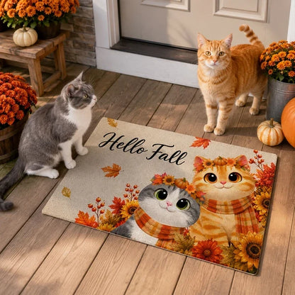 Personalized Standard Doormat, Scarf-Wearing Cats on an Autumn Porch, Creative Housewarming Gift for Cat Lovers