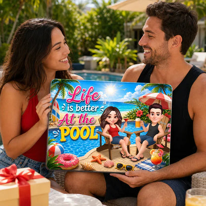 Personalized Wooden Sign, Poolside Couple Raising Drinks, Unique Summer Gift
