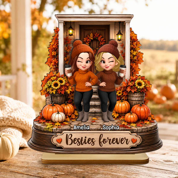 Personalized 2-Layer Wooden Plaque, Besties Forever Autumn Porch Scene, Unique Gift For Close Friend