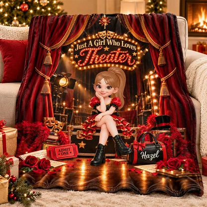 Personalized Fleece Blanket with Theater Girl and Marquee Stage, Unique Gift for Daughter or Granddaughter