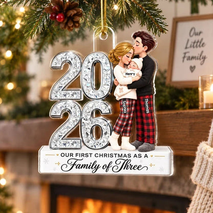 Personalized Acrylic Ornament, New Parents Embracing Baby at Christmas, Unique Family Gift