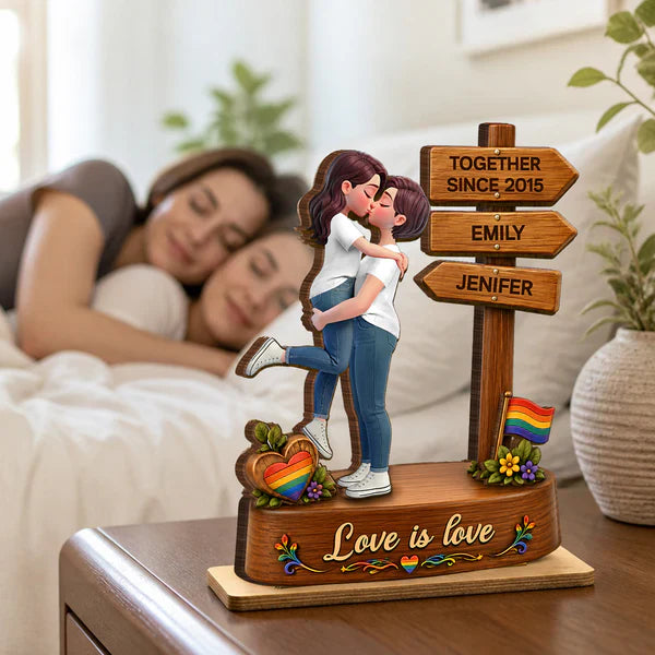 Personalized 2-Layer Wooden Plaque with Kissing LGBT Couple, Unique Gift for Partners & Pride Decor