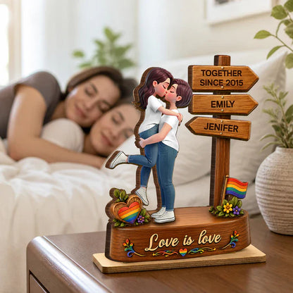 Personalized 2-Layer Wooden Plaque with Kissing LGBT Couple, Unique Gift for Partners & Pride Decor