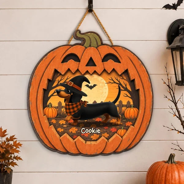 Personalized Wooden Sign, Dachshund in a Moonlit Pumpkin Patch, Creative Halloween Keepsake Gift for Pet Owners