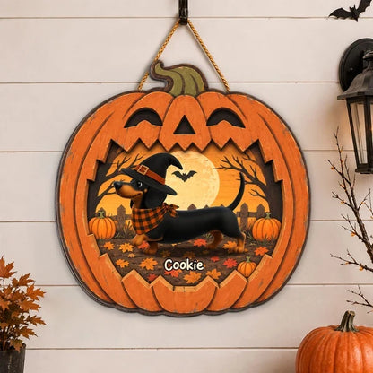 Personalized Wooden Sign, Dachshund in a Moonlit Pumpkin Patch, Creative Halloween Keepsake Gift for Pet Owners