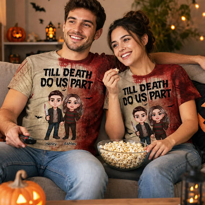 Till Death Do Us Part Personalized Printed Classic Tee, Red Horror Couple Art, Creative Gift for Couples
