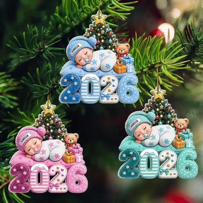 Personalized Acrylic Ornament, Sleeping Baby Beside a Christmas Tree, Unique Gift for New Parents