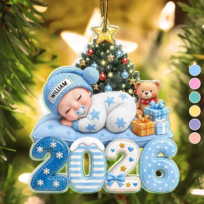 Personalized Acrylic Ornament, Sleeping Baby Beside a Christmas Tree, Unique Gift for New Parents