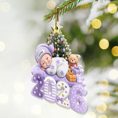 Personalized Acrylic Ornament, Sleeping Baby Beside a Christmas Tree, Unique Gift for New Parents