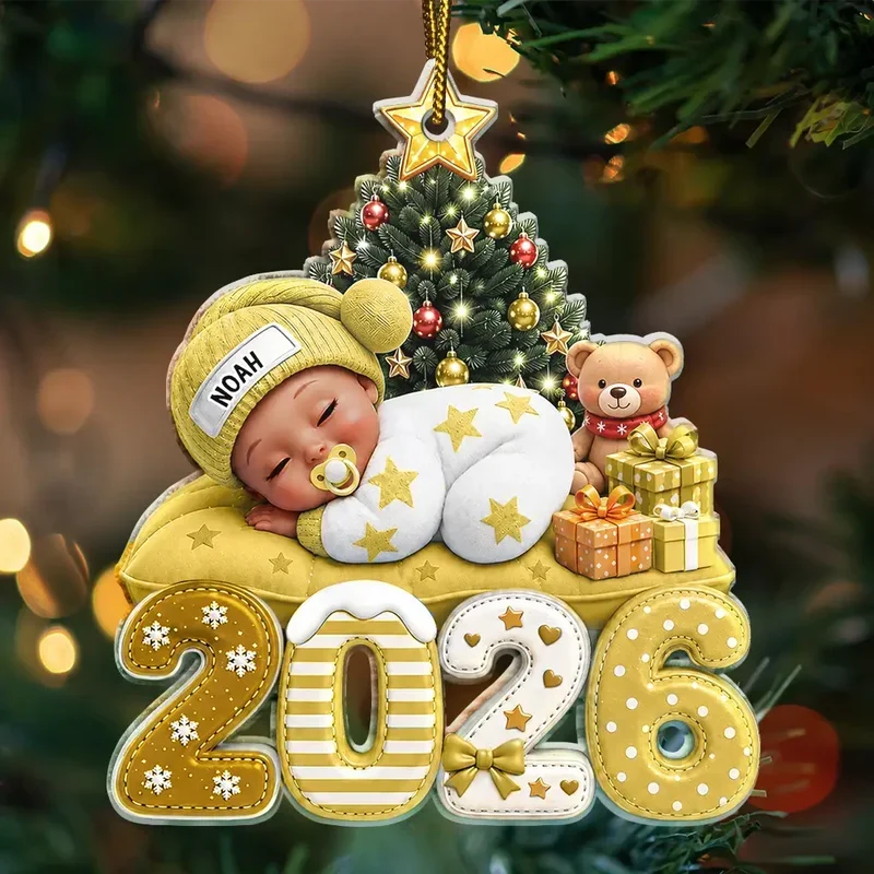 Personalized Acrylic Ornament, Sleeping Baby Beside a Christmas Tree, Unique Gift for New Parents