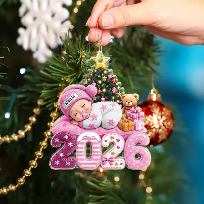 Personalized Acrylic Ornament, Sleeping Baby Beside a Christmas Tree, Unique Gift for New Parents