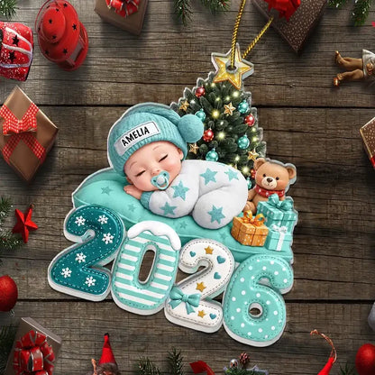 Personalized Acrylic Ornament, Sleeping Baby Beside a Christmas Tree, Unique Gift for New Parents