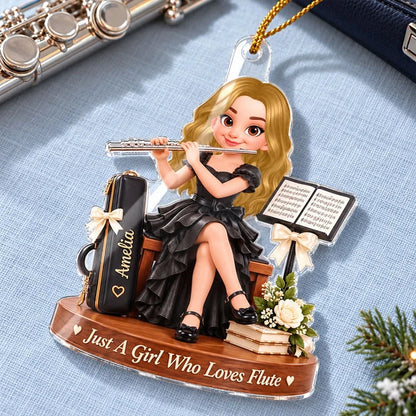 Personalized Acrylic Ornament, Cute Girl Playing Flute on a Christmas Tree, Unique Gift for Daughter or Granddaughter