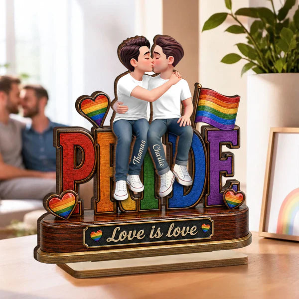 Personalized 2-Layer Wooden Plaque, Same-Sex Couple Kissing, Love Is Love, Unique Gift for Her