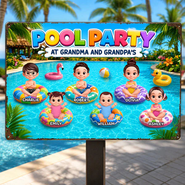 Personalized Rectangular Iron Sign, Pool Party With Cartoon Kids On Floats, Unique Gift For Grandparents