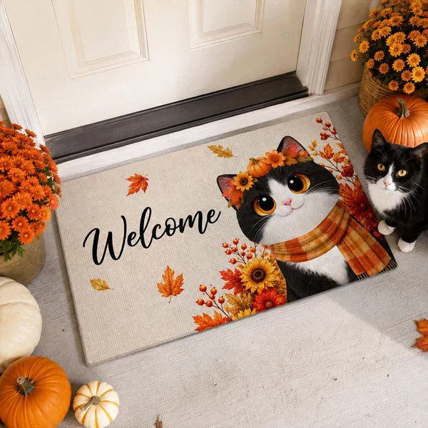 Personalized Standard Doormat, Scarf-Wearing Cats on an Autumn Porch, Creative Housewarming Gift for Cat Lovers